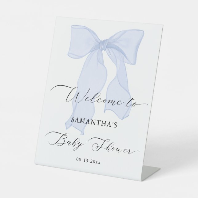 Blue Bow Baby Shower Welcome Pedestal Sign (Front)