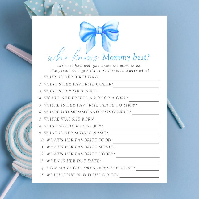 Blue bow baby shower Who knows mummy best game (Creator Uploaded)