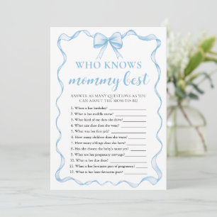 Blue Bow Baby Shower Who Knows Mummy Best Game Invitation