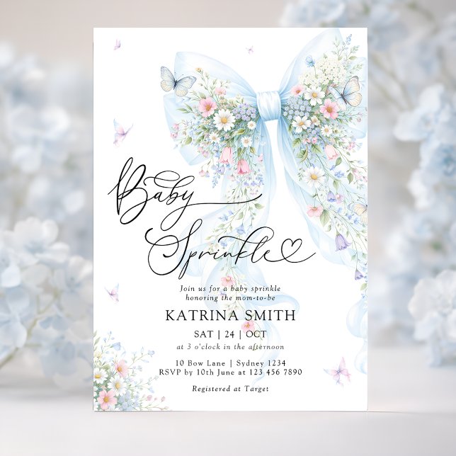 Blue Bow Baby Sprinkle Floral Baby Shower Invitation (Creator Uploaded)