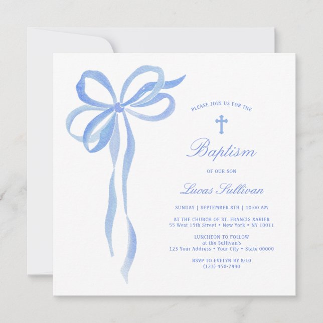 Blue Bow Baptism Invitation (Front)