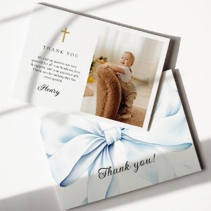 Blue Bow Baptism Photo Flat Thank You Card
