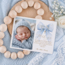 Blue Bow Baptism Photo Thank You Card