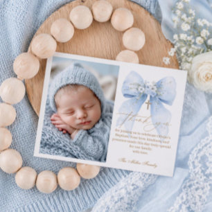 Blue Bow Baptism Photo Thank You Card