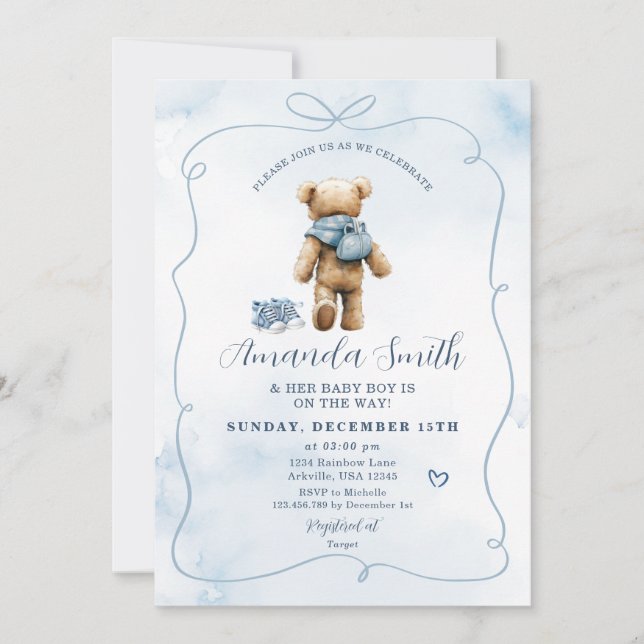 Blue Bow Bear Baby Shoes Boy Baby Shower Invitation (Front)