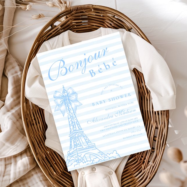 Blue  Bow Bonjour Bebe Baby Shower Invitation (Creator Uploaded)