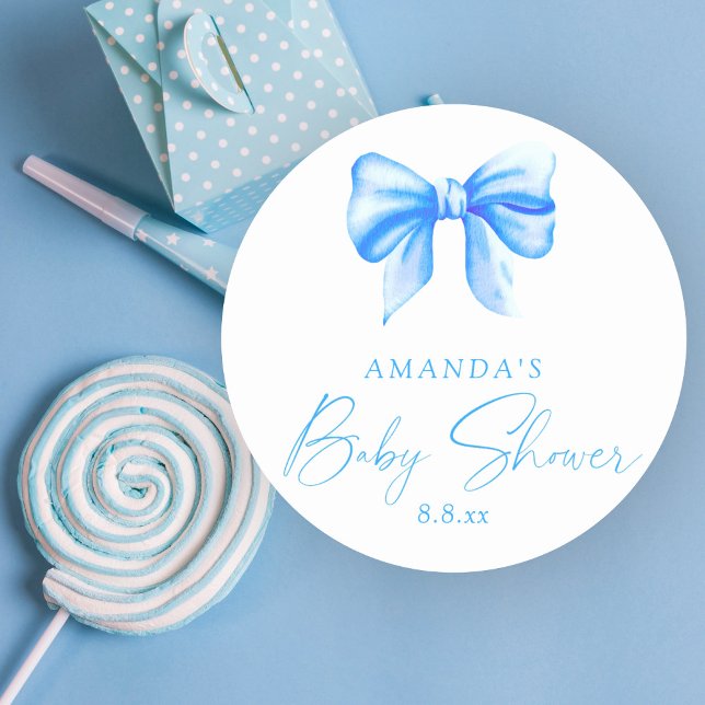 Blue bow Boy Baby shower Classic Round Sticker (Creator Uploaded)