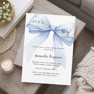 Blue bow boy Baby Shower Invitation