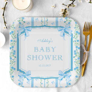 Blue Bow Boy Baby Shower Paper Plate