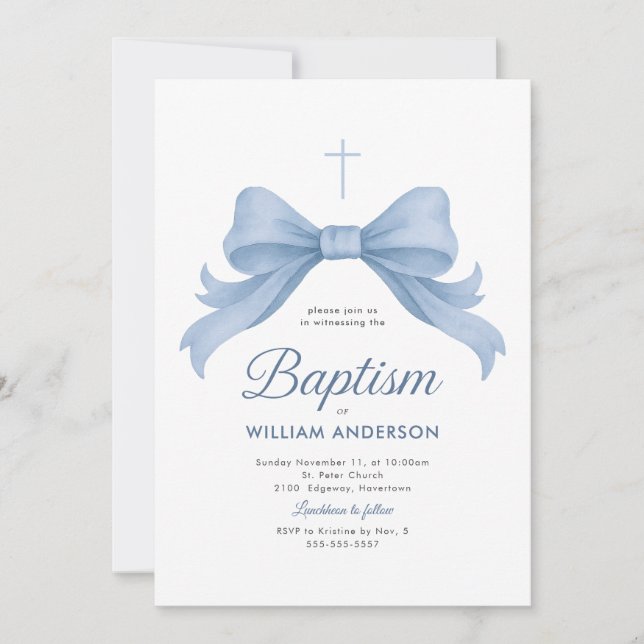 Blue Bow Boy Baptism Invitation with Cross Wreath (Front)