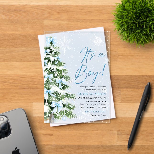 Blue Bow Boy Christmas Tree Oh Baby Baby Shower  Acrylic Invitations (Insitu (Invitation Card))