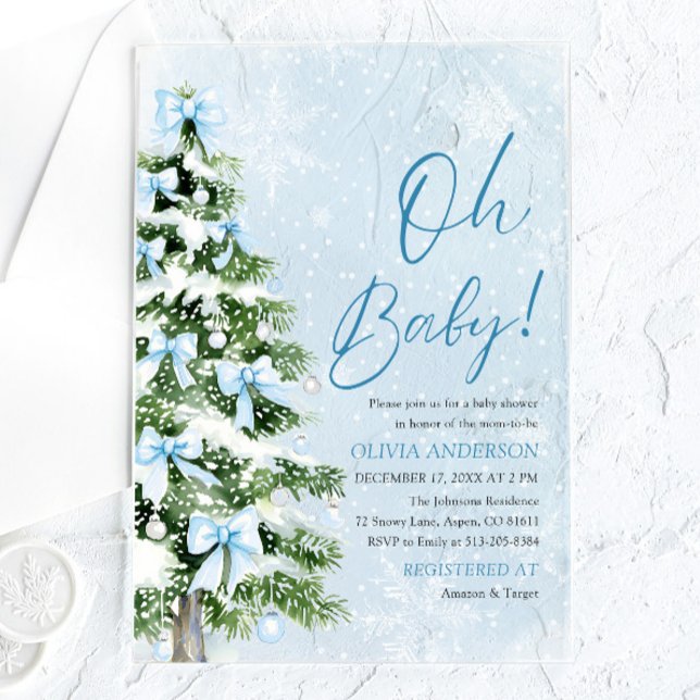 Blue Bow Boy Christmas Tree Oh Baby Baby Shower Acrylic Invitations (Blue Bow Boy Christmas Tree Oh Baby Baby Shower Acrylic Invitations)