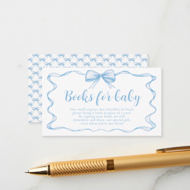 Blue Bow Boy Ribbon Baby Shower Books for Baby  Enclosure Card (Front/Back In Situ)