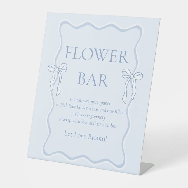 Blue Bow Bridal Shower Flower Bar Pedestal Sign (Front)
