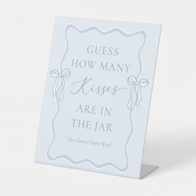 Blue Bow Bridal Shower Guess How Many Kisses Pedestal Sign (Front)