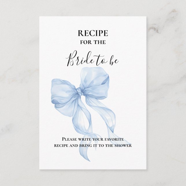 Blue bow bridal shower recipe enclosure card (Front)