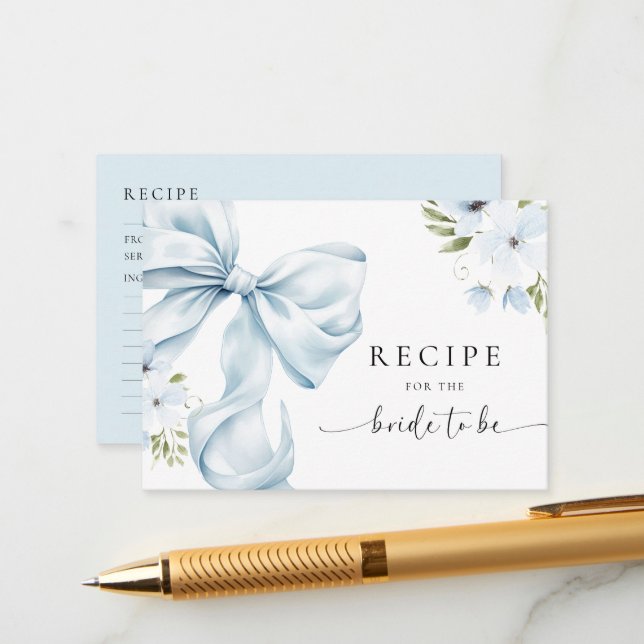Blue Bow Bridal Shower Recipe Request Enclosure Card (Front/Back In Situ)