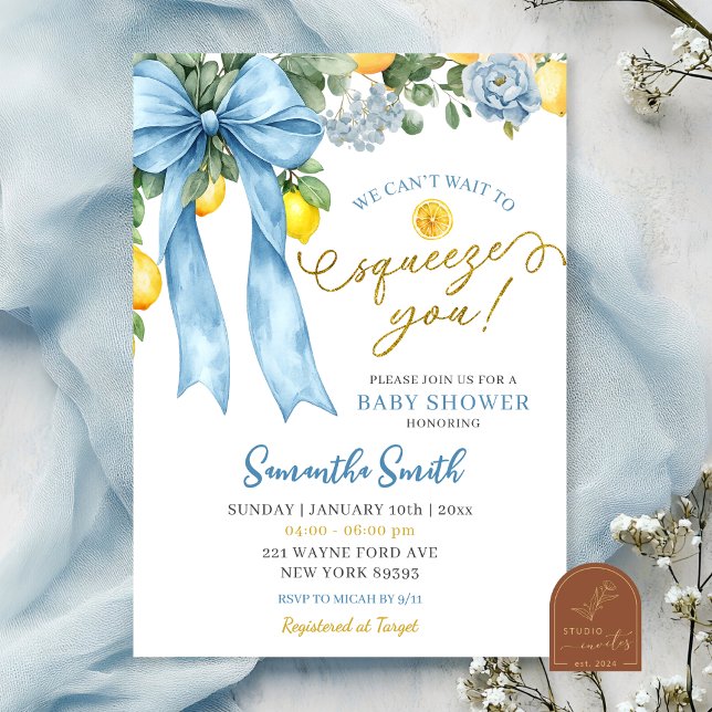Blue Bow Can't Wait to Squeeze You Baby Shower Invitation (Creator Uploaded)