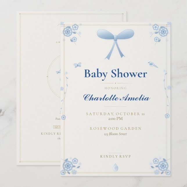 Blue Bow Chinoiserie Baby Shower Invitation (Front/Back)