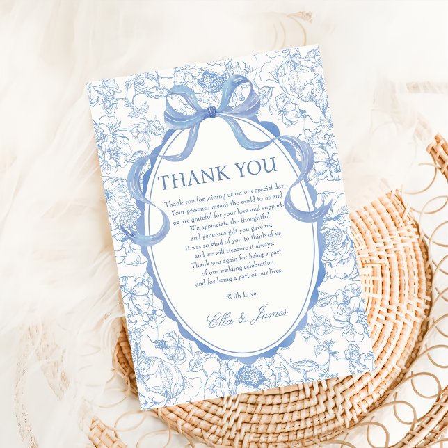 Blue Bow Chinoiserie Floral Wedding Thank You Card (Creator Uploaded)