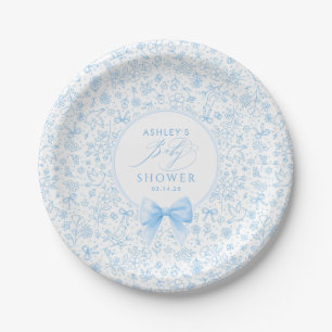 Blue Bow Chinoiserie Wildflowers Baby Shower Paper Plate