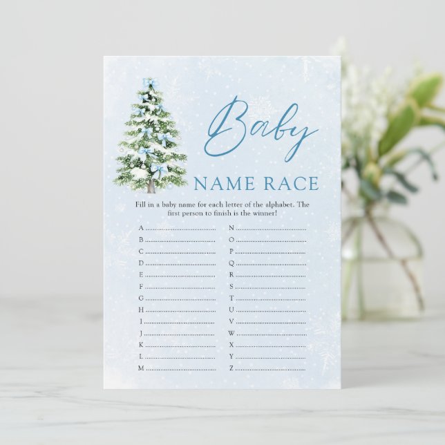 Blue Bow Christmas Baby Name Race Baby Shower Game Invitation (Standing Front)