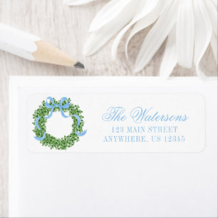 Blue Bow Christmas Boxwood Wreath Address