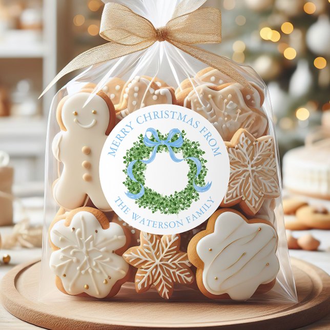 Blue Bow Christmas Boxwood Wreath Gift Classic Round Sticker (Creator Uploaded)
