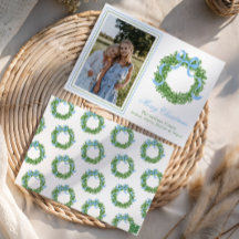 Blue Bow Christmas Boxwood Wreath Photo