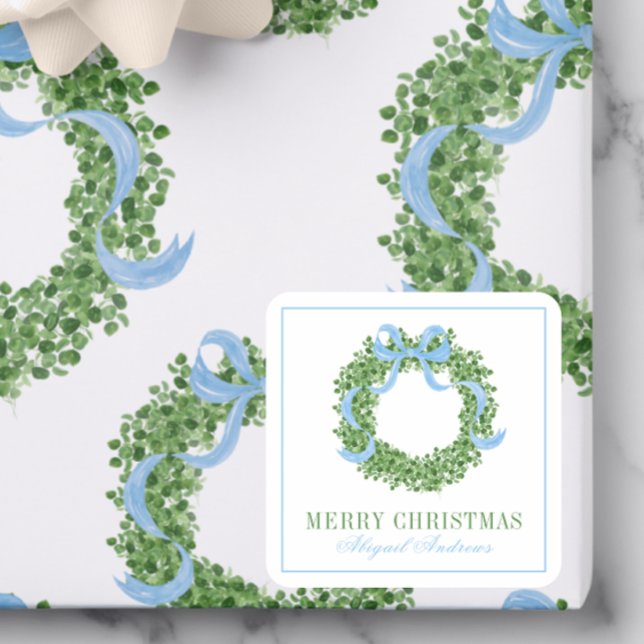 Blue Bow Christmas Boxwood Wreath Square Sticker (Creator Uploaded)