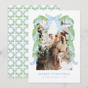 Blue Bow Christmas Chinoiserie Photo Holiday Card