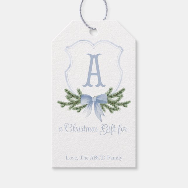 Blue Bow Christmas Crest Gift Tag - A (Front)