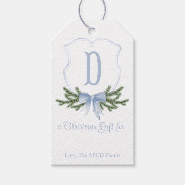 Blue Bow Christmas Crest Gift Tag - D (Front)