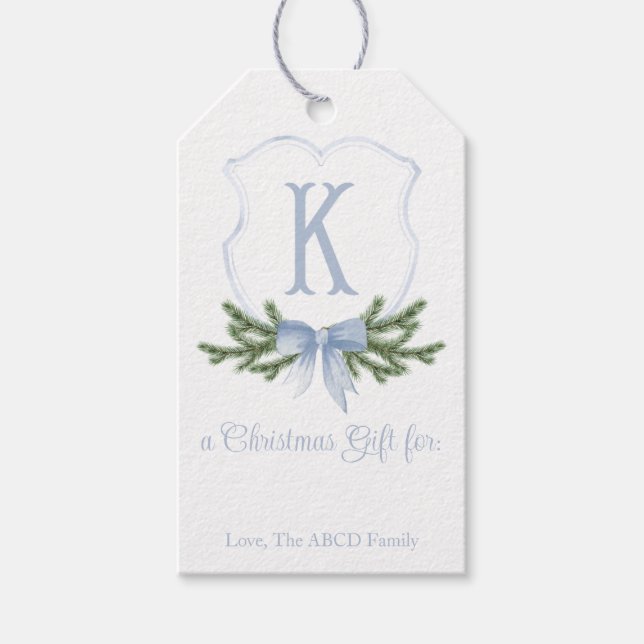 Blue Bow Christmas Crest Gift Tag - K (Front)