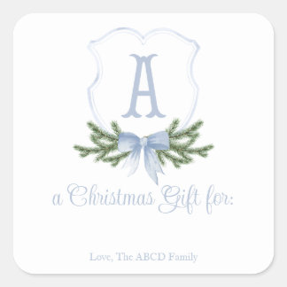 Blue Bow Christmas Crest Sticker Gift Tag - A
