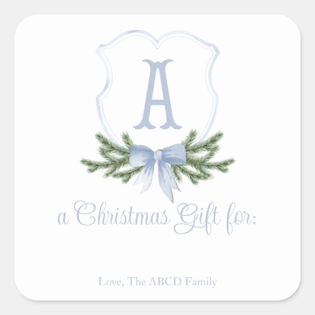 Blue Bow Christmas Crest Sticker Gift Tag - A (Front)