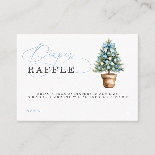 Blue Bow Christmas Tree Baby Shower Diaper Raffle Enclosure Card (Front)