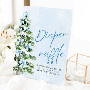 Blue Bow Christmas Tree Baby Shower Diaper Raffle Pedestal Sign