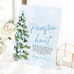 Blue Bow Christmas Tree Baby Shower Pacifier Hunt Pedestal Sign