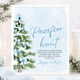Blue Bow Christmas Tree Baby Shower Pacifier Hunt Poster