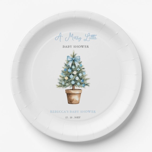 Blue Bow Christmas Tree Merry Little Baby Shower Paper Plate (Front)