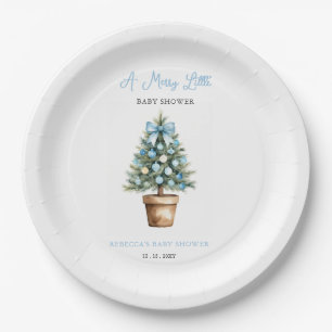 Blue Bow Christmas Tree Merry Little Baby Shower Paper Plate