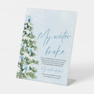 Blue Bow Christmas Tree My Water Broke Baby Shower Pedestal Sign
