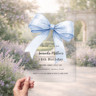 Blue bow clear birthday acrylic invitations