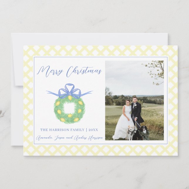 Blue Bow Coastal Christmas Grandmillenial Photo  H Holiday Card (Front)