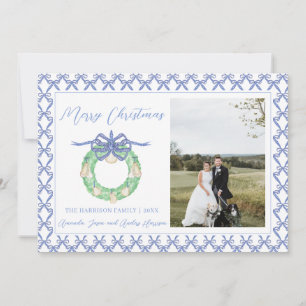 Blue Bow Coastal Christmas Grandmillenial Photo  Holiday Card