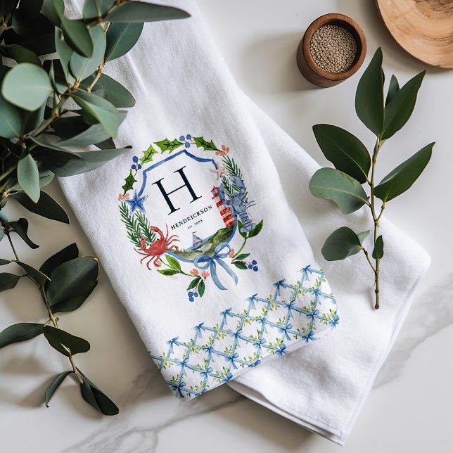 Blue Bow Coastal Christmas Nautical Monogram Tea Towel (Creator Uploaded)