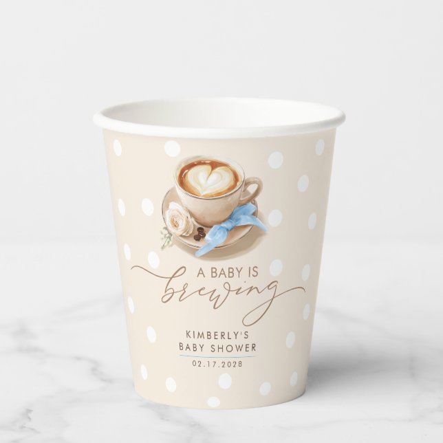 Blue Bow Coffee Baby Is Brewing Boy Baby Shower Paper Cups (Front)