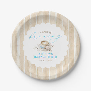 Blue Bow Coffee Baby Is Brewing Boy Baby Shower Paper Plate