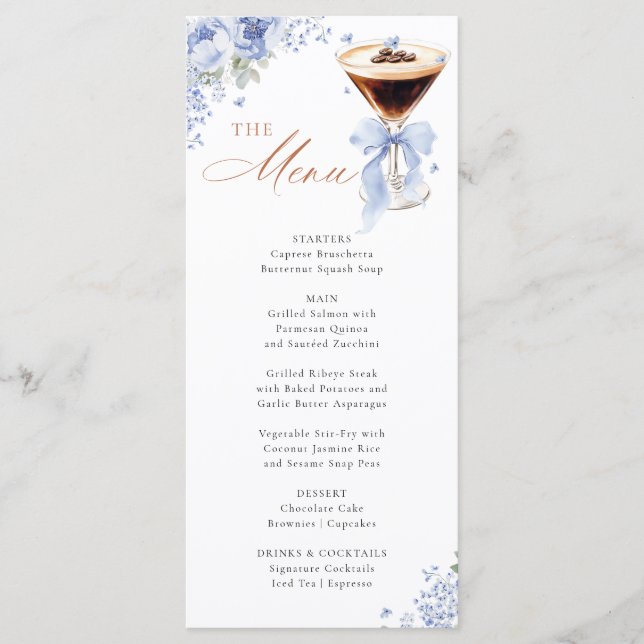Blue Bow Coffee Bridal Shower Menu Card (Front)